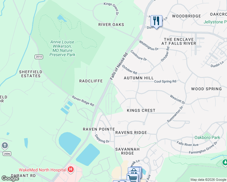 map of restaurants, bars, coffee shops, grocery stores, and more near 10644-10798 Falls of Neuse Road in Raleigh