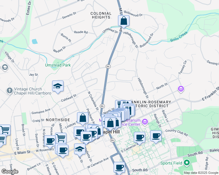 map of restaurants, bars, coffee shops, grocery stores, and more near 608 Martin Luther King Junior Boulevard in Chapel Hill
