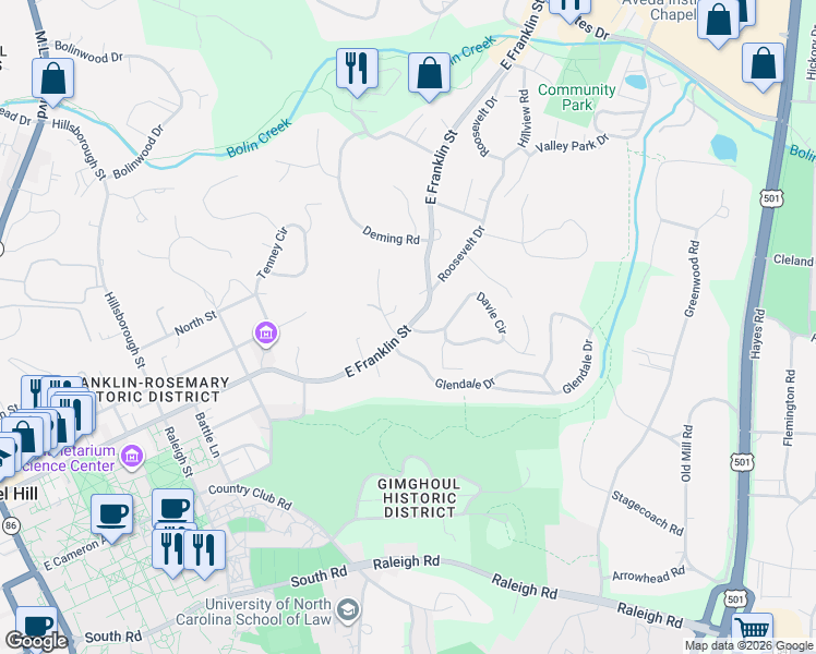 map of restaurants, bars, coffee shops, grocery stores, and more near East Franklin Street & Davie Circle in Chapel Hill
