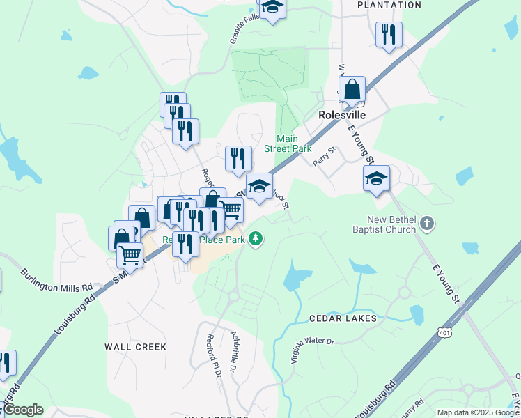 map of restaurants, bars, coffee shops, grocery stores, and more near 307 South Main Street in Rolesville