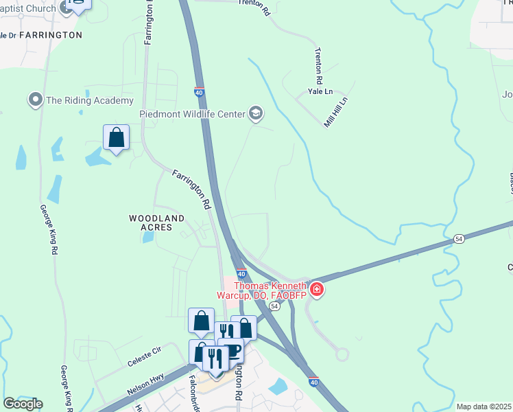 map of restaurants, bars, coffee shops, grocery stores, and more near 1702 Farm Pond Trail Rd in Durham