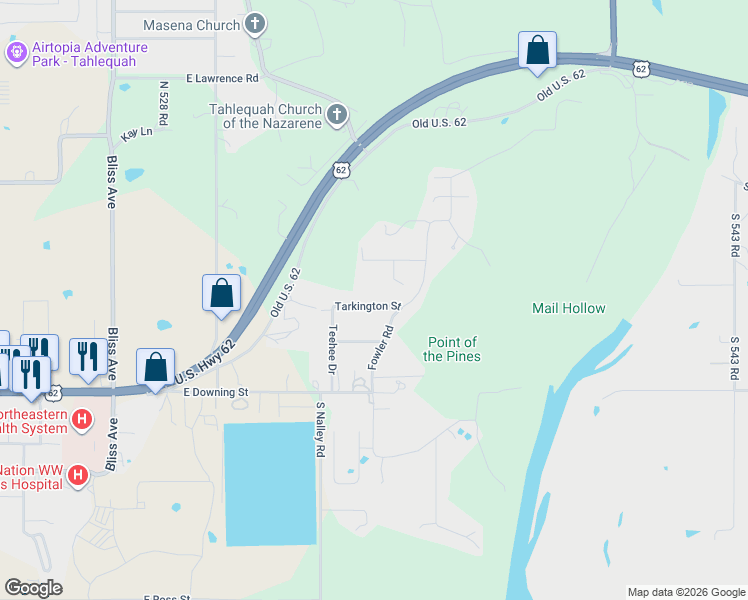 map of restaurants, bars, coffee shops, grocery stores, and more near 2045 Tarkington Street in Tahlequah
