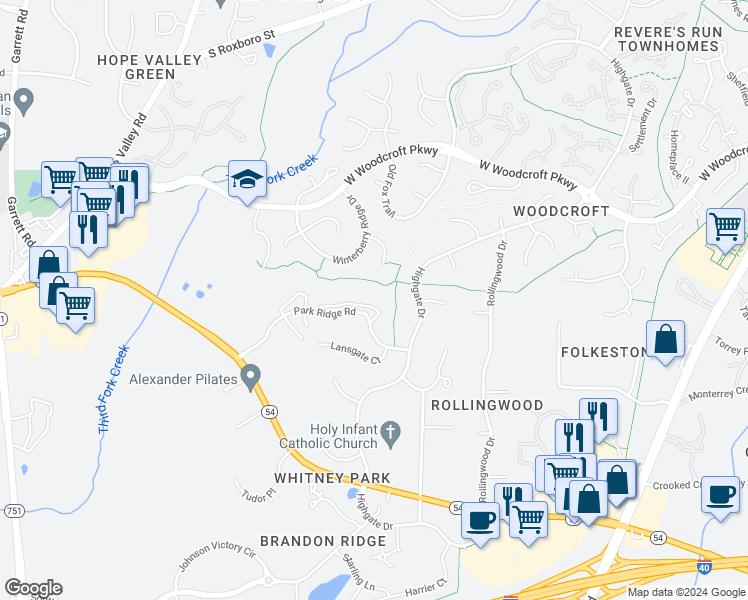 map of restaurants, bars, coffee shops, grocery stores, and more near 802 Park Ridge Road in Durham