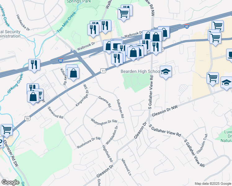 map of restaurants, bars, coffee shops, grocery stores, and more near 200 Suburban Road in Knoxville