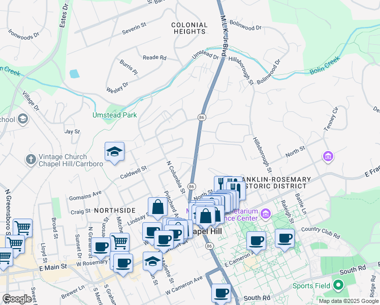 map of restaurants, bars, coffee shops, grocery stores, and more near 116 Isley Street in Chapel Hill