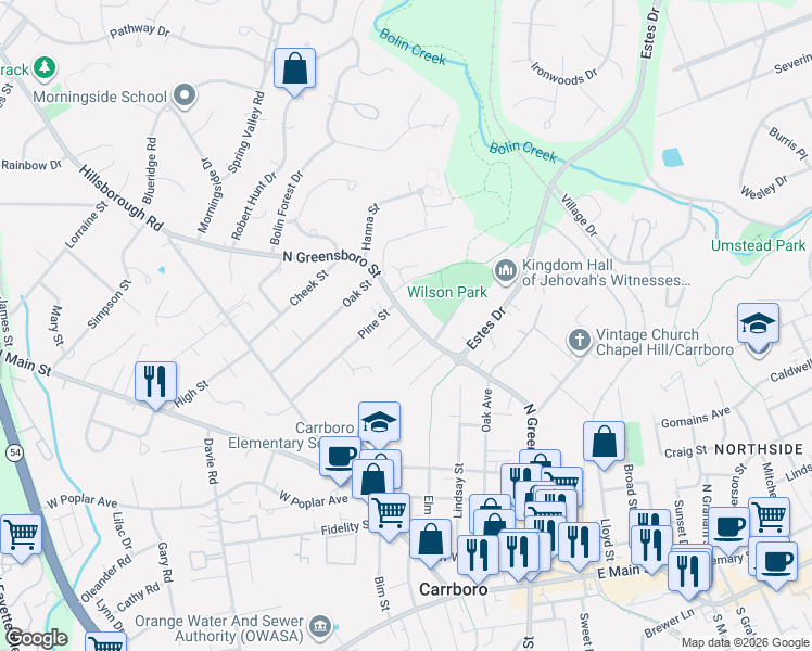 map of restaurants, bars, coffee shops, grocery stores, and more near 1102 North Greensboro Street in Carrboro