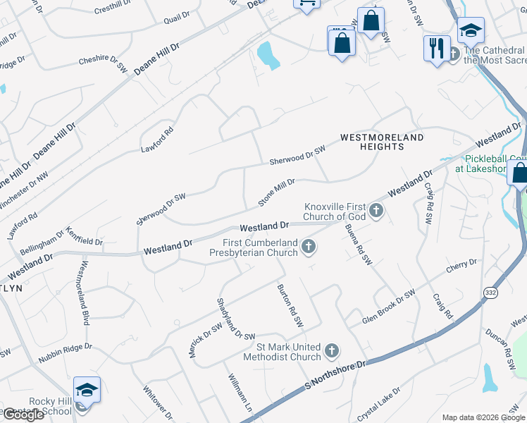 map of restaurants, bars, coffee shops, grocery stores, and more near 6920 Stone Mill Drive in Knoxville