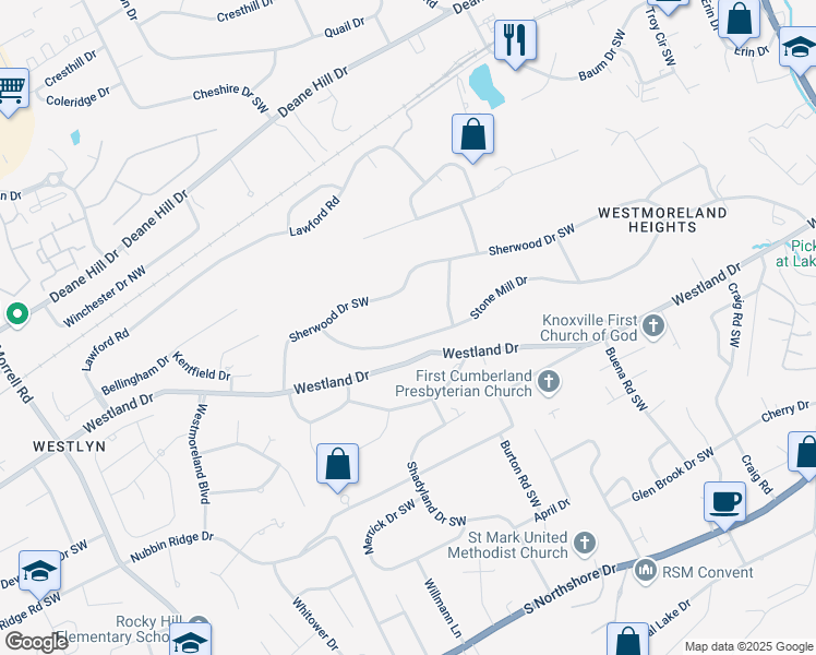 map of restaurants, bars, coffee shops, grocery stores, and more near 7100 Sherwood Drive Southwest in Knoxville
