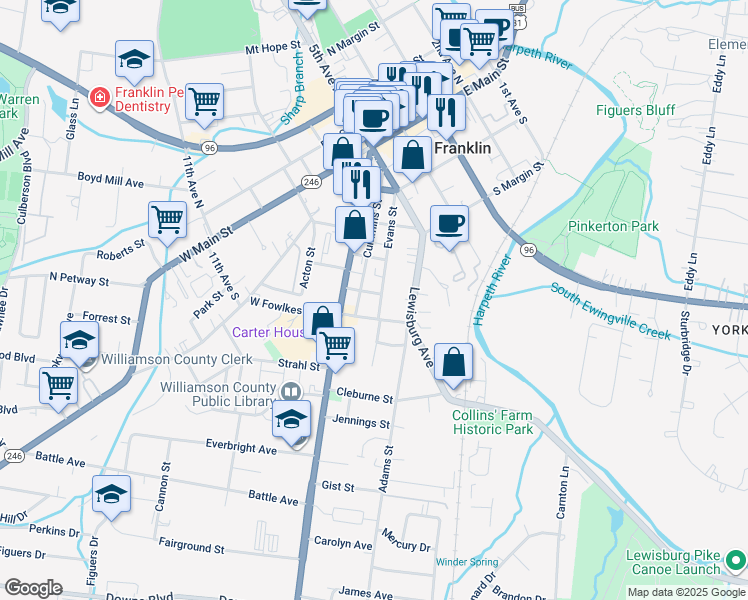 map of restaurants, bars, coffee shops, grocery stores, and more near 913 Evans Street in Franklin