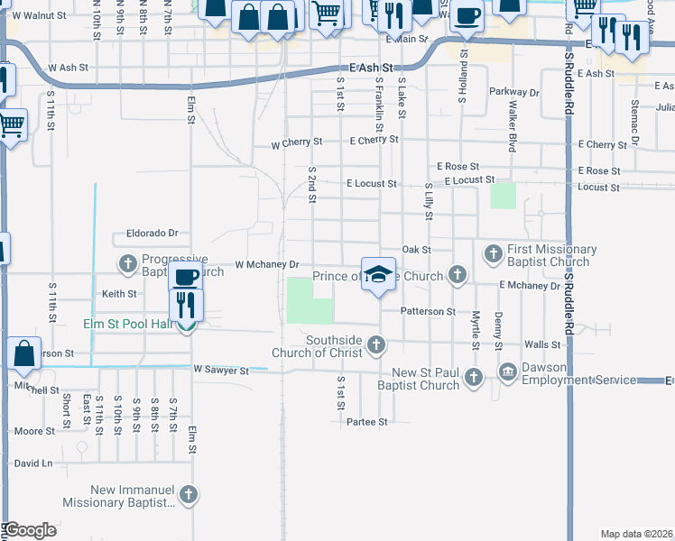map of restaurants, bars, coffee shops, grocery stores, and more near 38 West Mchaney Drive in Blytheville