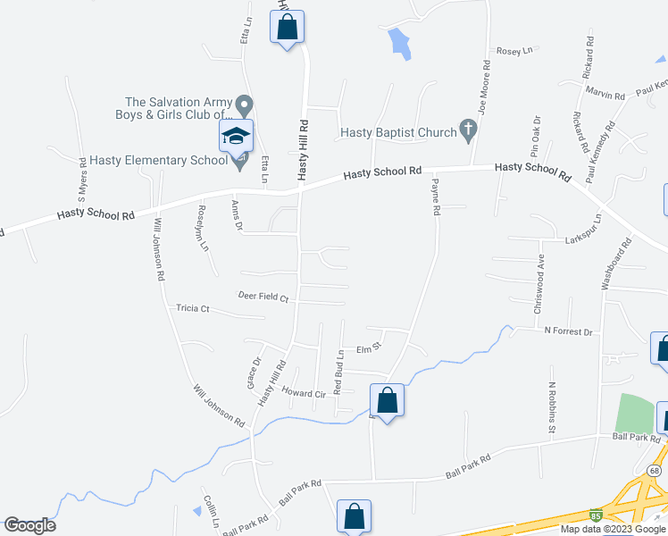 map of restaurants, bars, coffee shops, grocery stores, and more near 3 Buck Forest Lane in Thomasville