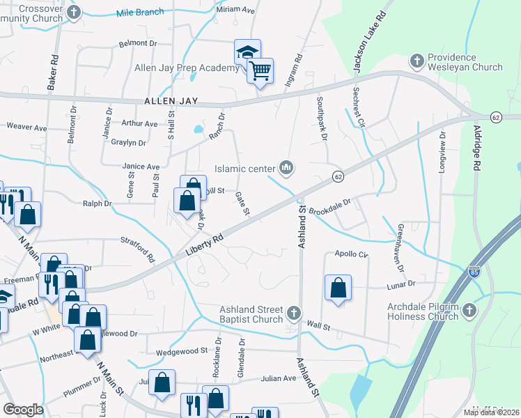 map of restaurants, bars, coffee shops, grocery stores, and more near 203 Gate Street in High Point