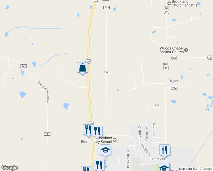 map of restaurants, bars, coffee shops, grocery stores, and more near 1202 Craighead 739 Road in Brookland