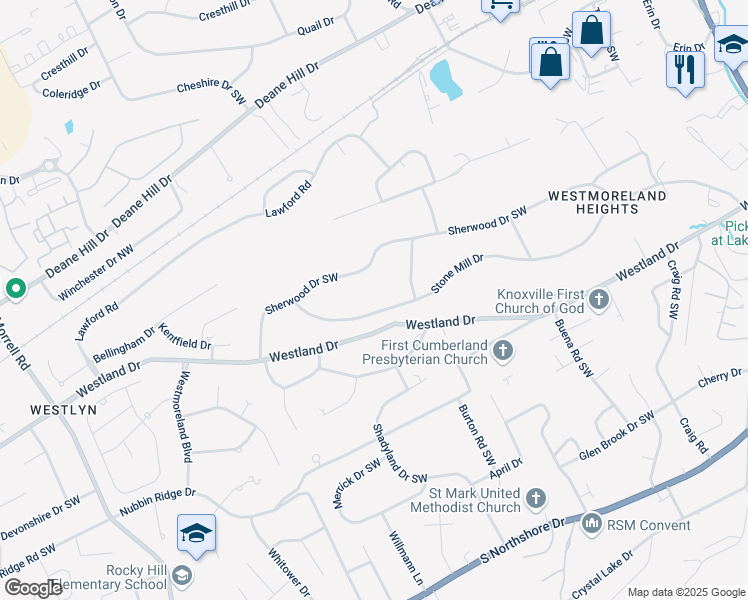 map of restaurants, bars, coffee shops, grocery stores, and more near 7100 Sherwood Drive Southwest in Knoxville