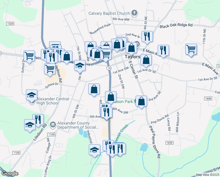 map of restaurants, bars, coffee shops, grocery stores, and more near 223 North Carolina Highway 16 in Township of Taylorsville