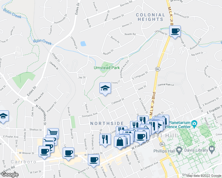 map of restaurants, bars, coffee shops, grocery stores, and more near 306 McMasters Street in Chapel Hill