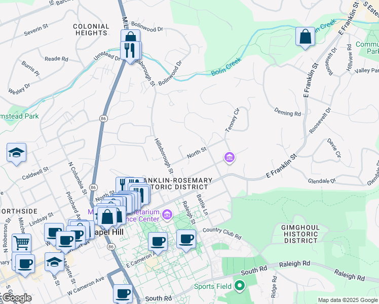 map of restaurants, bars, coffee shops, grocery stores, and more near 513 North Street in Chapel Hill