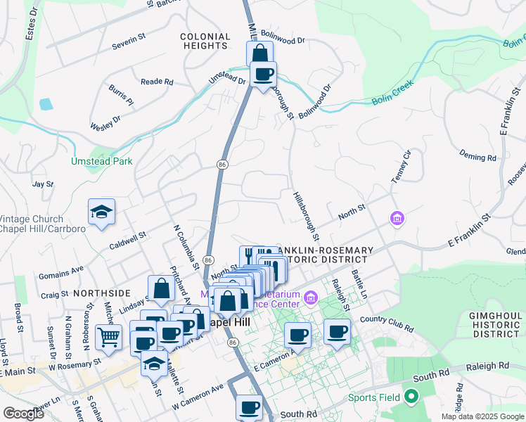 map of restaurants, bars, coffee shops, grocery stores, and more near 602 Martin Luther King Junior Boulevard in Chapel Hill