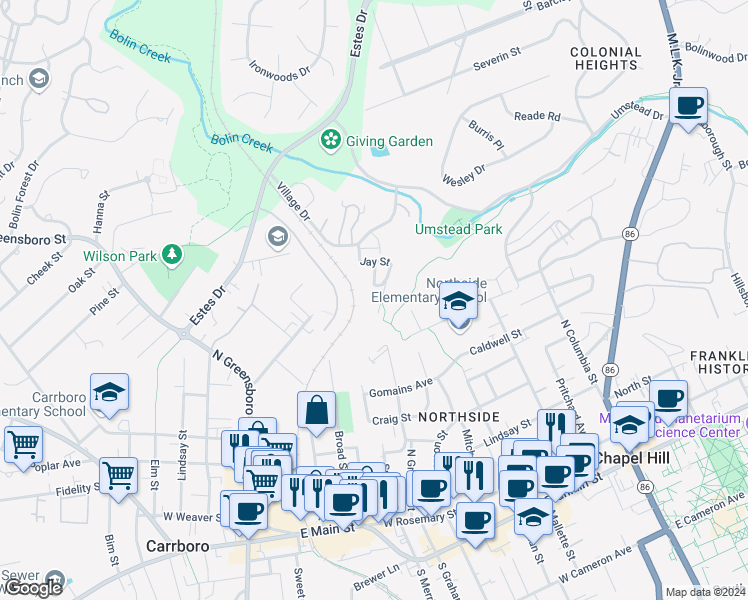 map of restaurants, bars, coffee shops, grocery stores, and more near 222A Jay Street in Chapel Hill