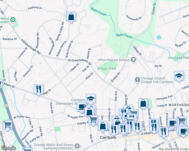 map of restaurants, bars, coffee shops, grocery stores, and more near 1102 North Greensboro Street in Carrboro