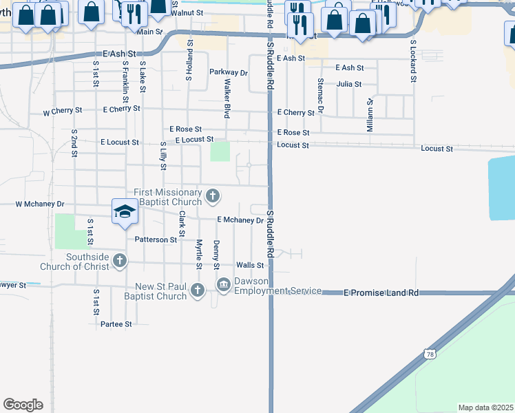 map of restaurants, bars, coffee shops, grocery stores, and more near 937 South Ruddle Road in Blytheville