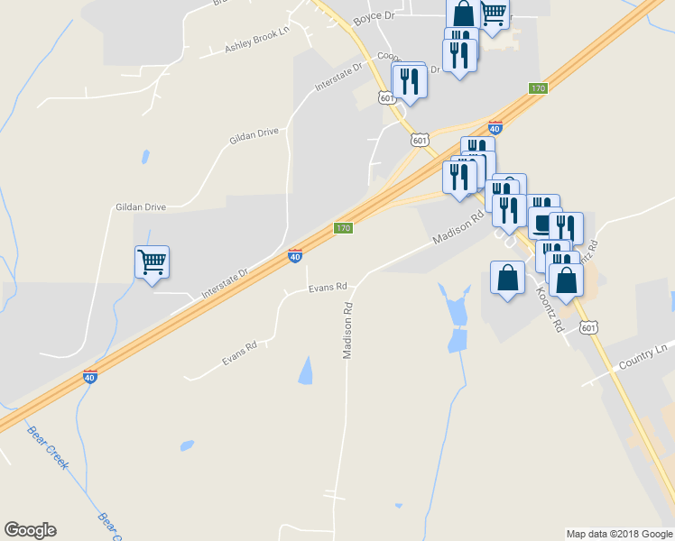 map of restaurants, bars, coffee shops, grocery stores, and more near 108 Evans Road in Mocksville
