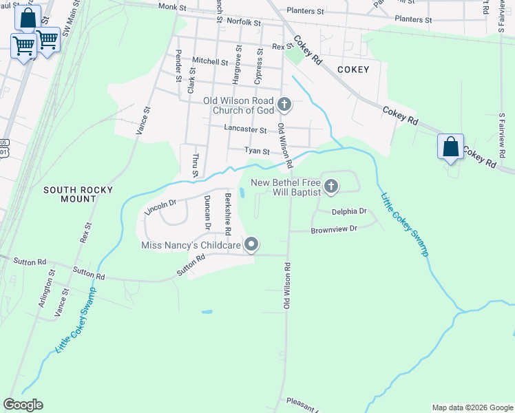 map of restaurants, bars, coffee shops, grocery stores, and more near 1836 Eaglecrest Circle in Rocky Mount