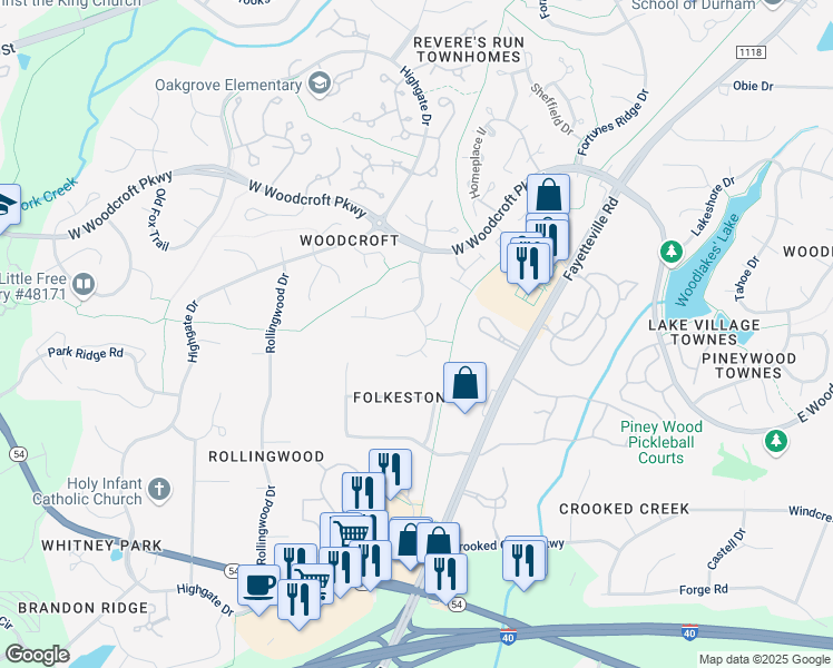map of restaurants, bars, coffee shops, grocery stores, and more near 10 Falling Water Drive in Durham