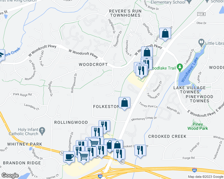 map of restaurants, bars, coffee shops, grocery stores, and more near 10 Falling Water Drive in Durham