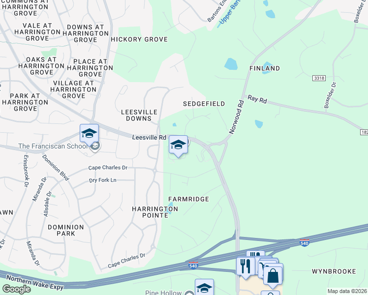 map of restaurants, bars, coffee shops, grocery stores, and more near 10921 Leesville Road in Raleigh
