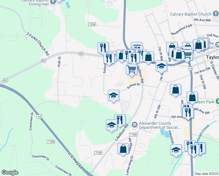 map of restaurants, bars, coffee shops, grocery stores, and more near 350 School Drive in Township of Taylorsville