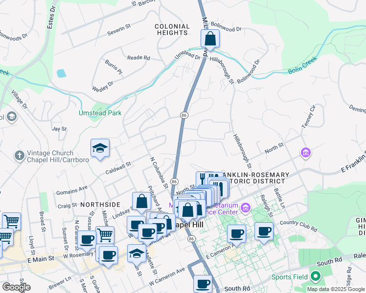 map of restaurants, bars, coffee shops, grocery stores, and more near 608 Martin Luther King Junior Boulevard in Chapel Hill