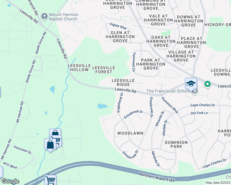 map of restaurants, bars, coffee shops, grocery stores, and more near 12117 Leesville Road in Raleigh