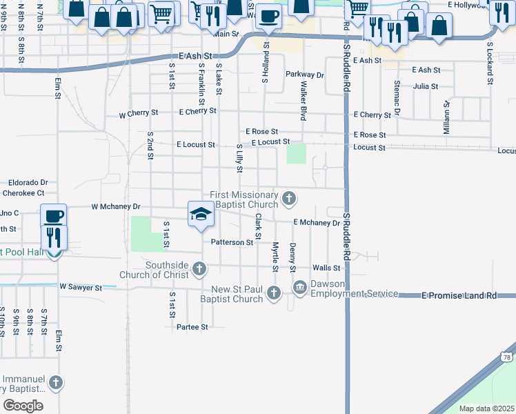 map of restaurants, bars, coffee shops, grocery stores, and more near 411 Oak Street in Blytheville
