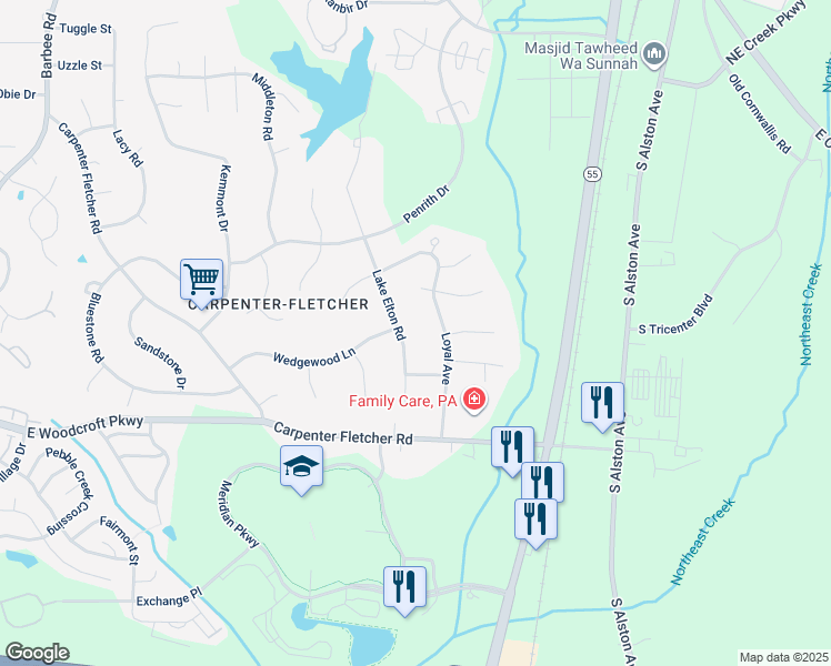 map of restaurants, bars, coffee shops, grocery stores, and more near 5721 Lake Elton Road in Durham