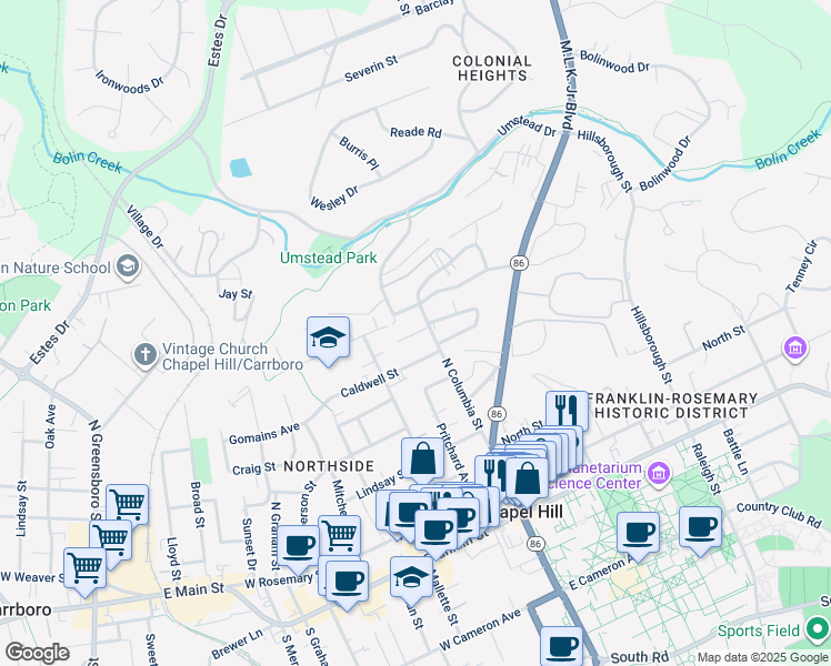 map of restaurants, bars, coffee shops, grocery stores, and more near 118 Stinson Street Extension in Chapel Hill