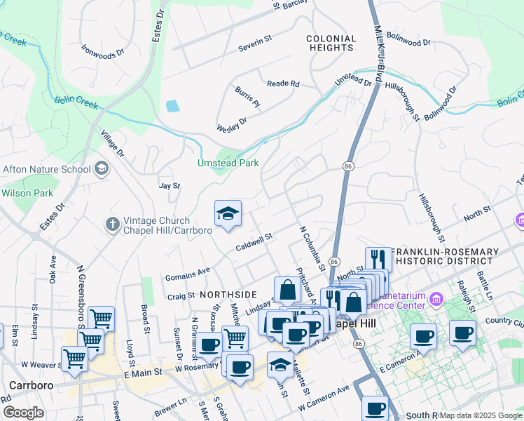 map of restaurants, bars, coffee shops, grocery stores, and more near 118 Stinson Street Extension in Chapel Hill