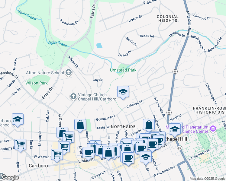 map of restaurants, bars, coffee shops, grocery stores, and more near 209 Carver Street in Chapel Hill