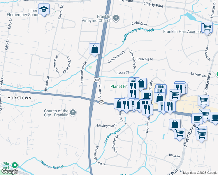 map of restaurants, bars, coffee shops, grocery stores, and more near 709 Heritage Court in Franklin