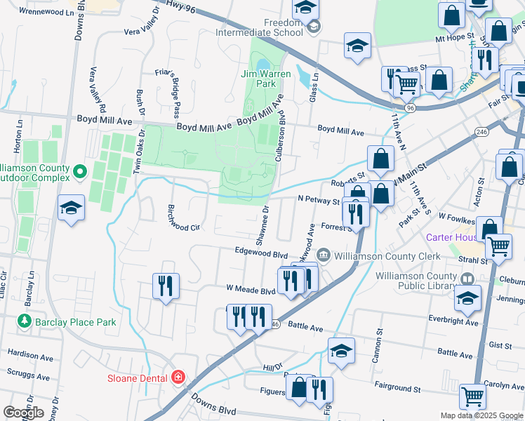 map of restaurants, bars, coffee shops, grocery stores, and more near 602 Chickasaw Place in Franklin