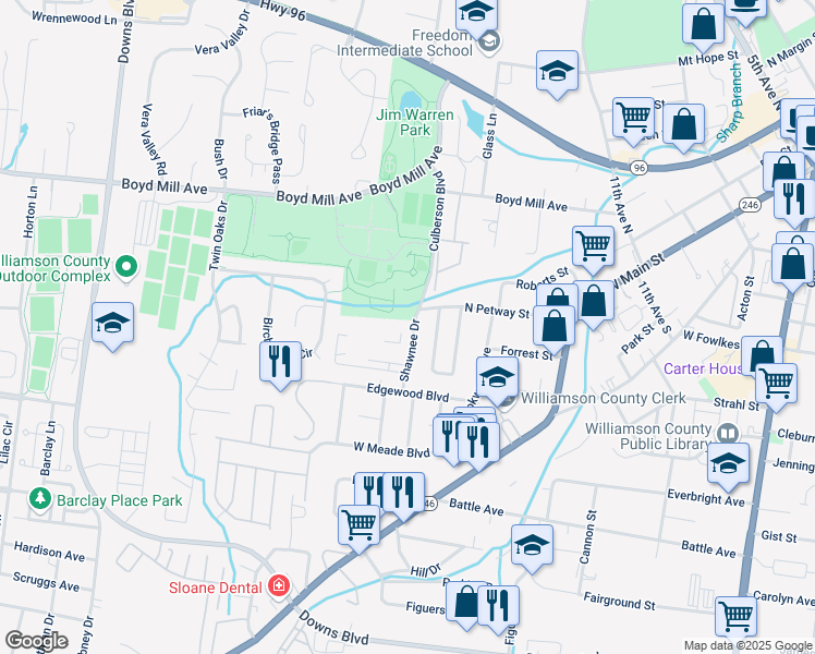 map of restaurants, bars, coffee shops, grocery stores, and more near 602 Chickasaw Place in Franklin