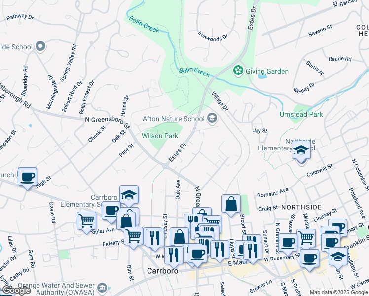 map of restaurants, bars, coffee shops, grocery stores, and more near 116 Estes Drive Extension in Carrboro