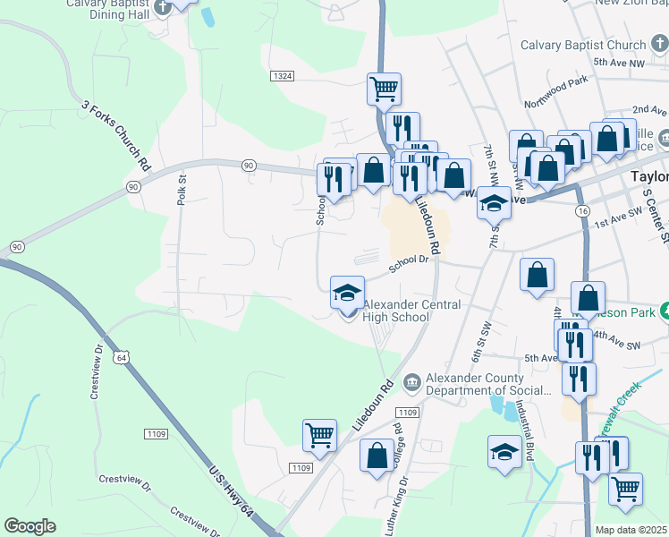 map of restaurants, bars, coffee shops, grocery stores, and more near 350 School Drive in Township of Taylorsville