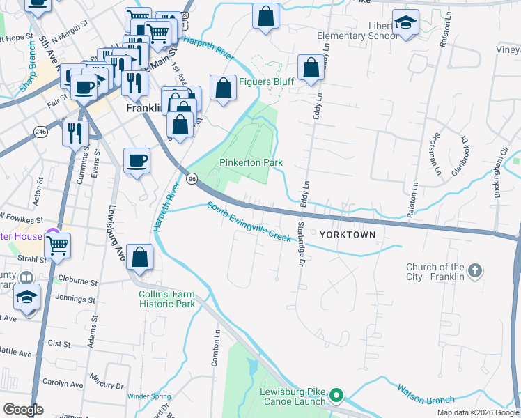 map of restaurants, bars, coffee shops, grocery stores, and more near 426 Tennessee 96 in Franklin