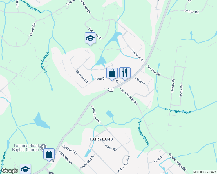 map of restaurants, bars, coffee shops, grocery stores, and more near 2448 Lantana Road in Crossville