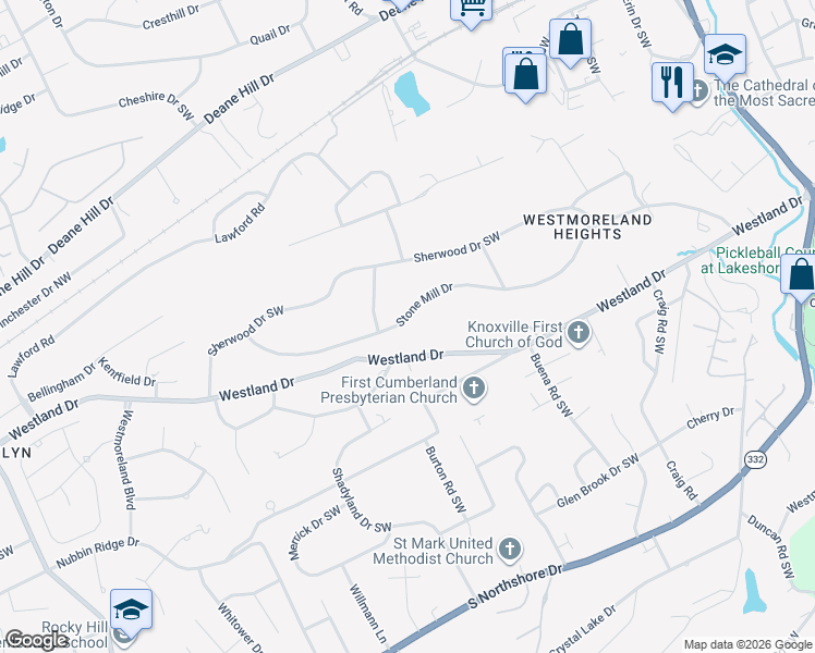 map of restaurants, bars, coffee shops, grocery stores, and more near 6920 Stone Mill Drive in Knoxville