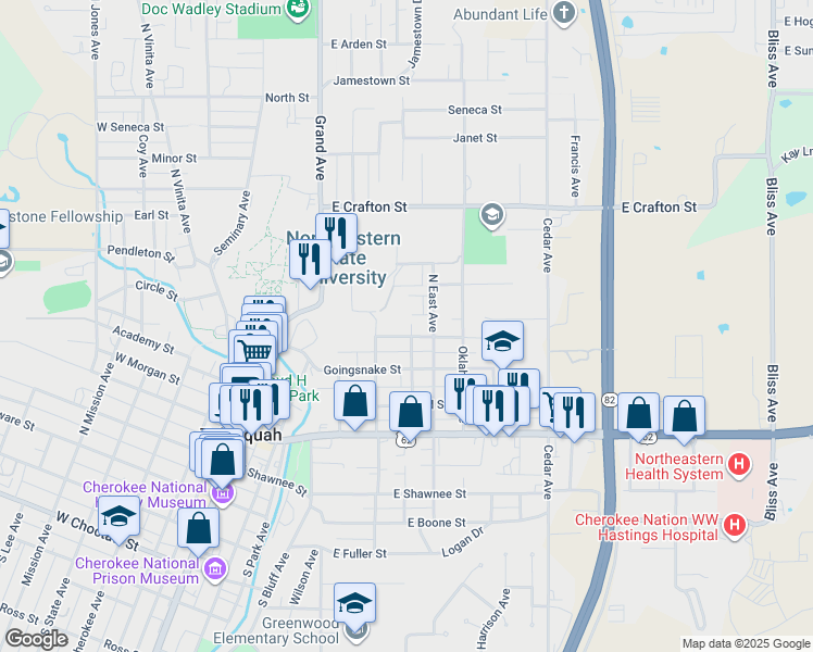 map of restaurants, bars, coffee shops, grocery stores, and more near 603 North Ash Avenue in Tahlequah