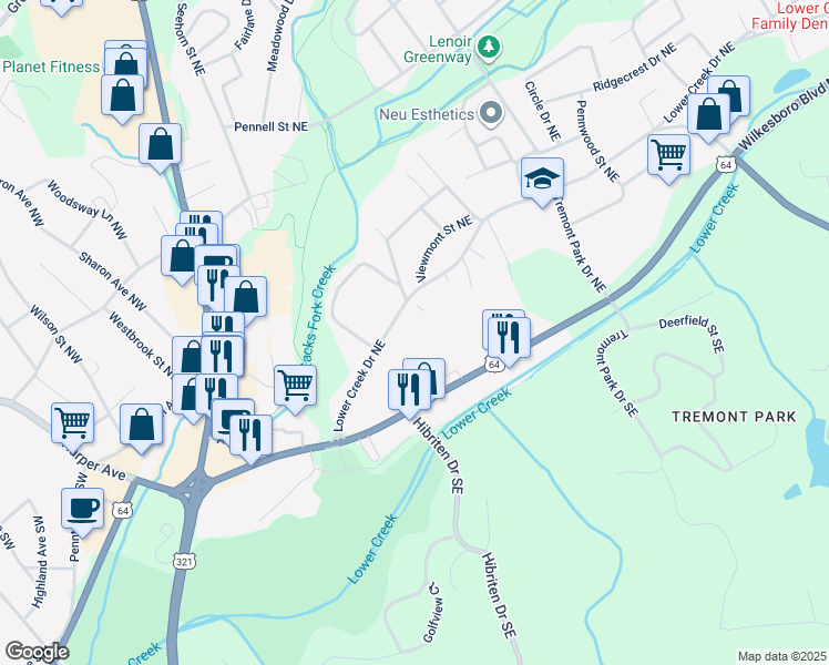 map of restaurants, bars, coffee shops, grocery stores, and more near 505 Wilkesboro Boulevard Northeast in Lenoir