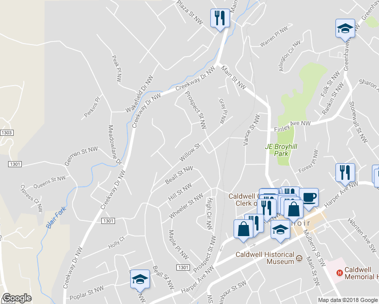 map of restaurants, bars, coffee shops, grocery stores, and more near 623 Stage Street Northwest in Lenoir