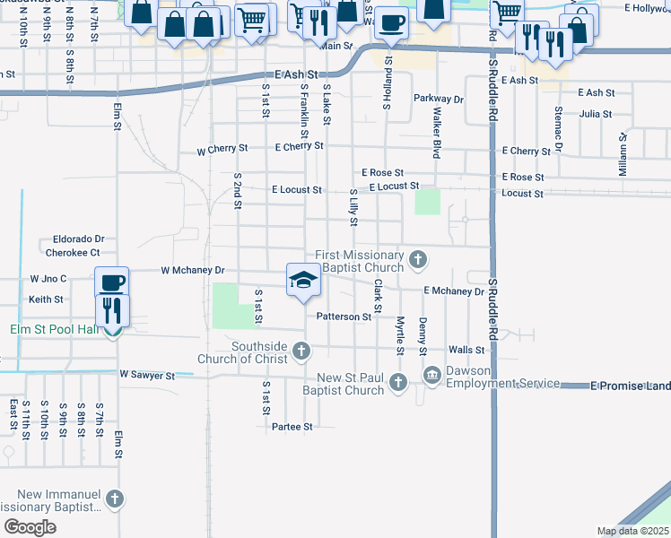 map of restaurants, bars, coffee shops, grocery stores, and more near 930 South Lake Street in Blytheville